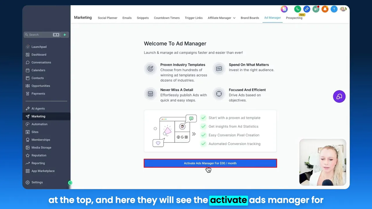 Ad manager activation prompt inside marketing menu