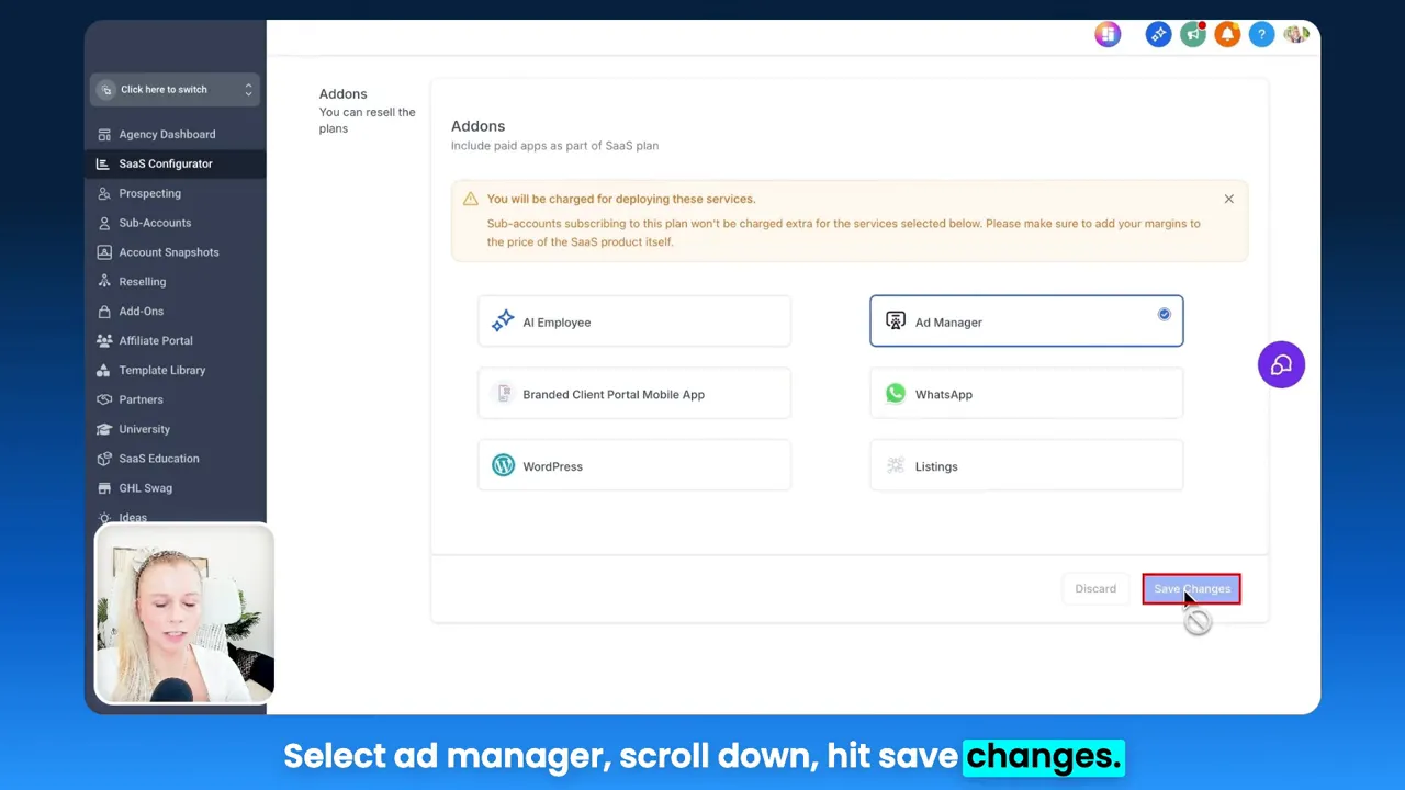 Saved changes confirmation after selecting add manager add-on