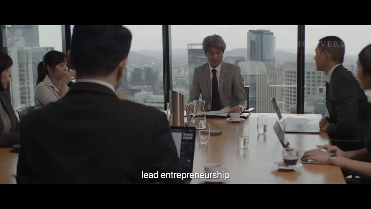 Boardroom meeting with executives around a table and city skyline visible, subtitle 'lead entrepreneurship'