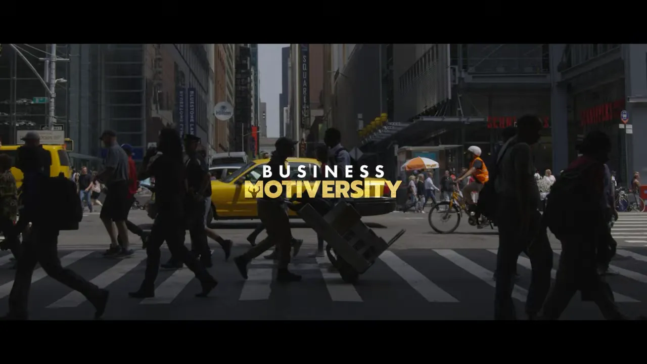 City crosswalk scene with Business Motiversity logo and pedestrians crossing, yellow taxi in background