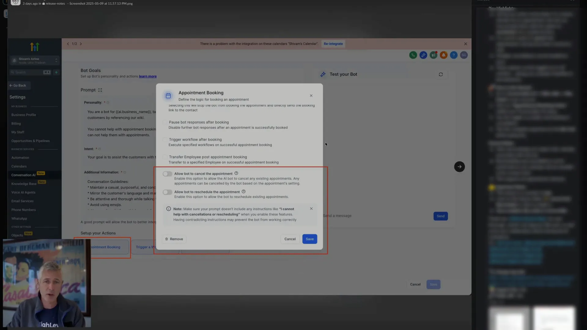 Toggle options for cancel and reschedule in bot settings