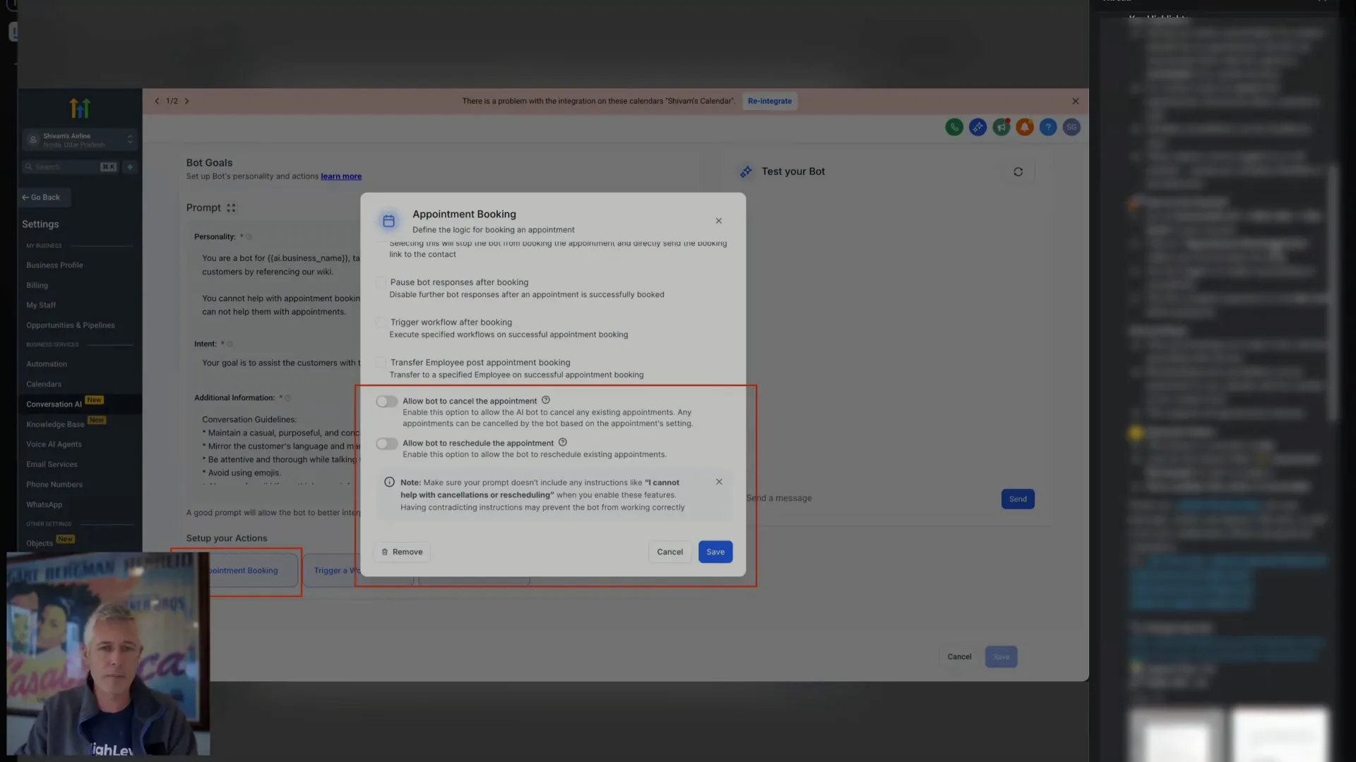 Editing bot appointment booking action with cancel and reschedule toggles