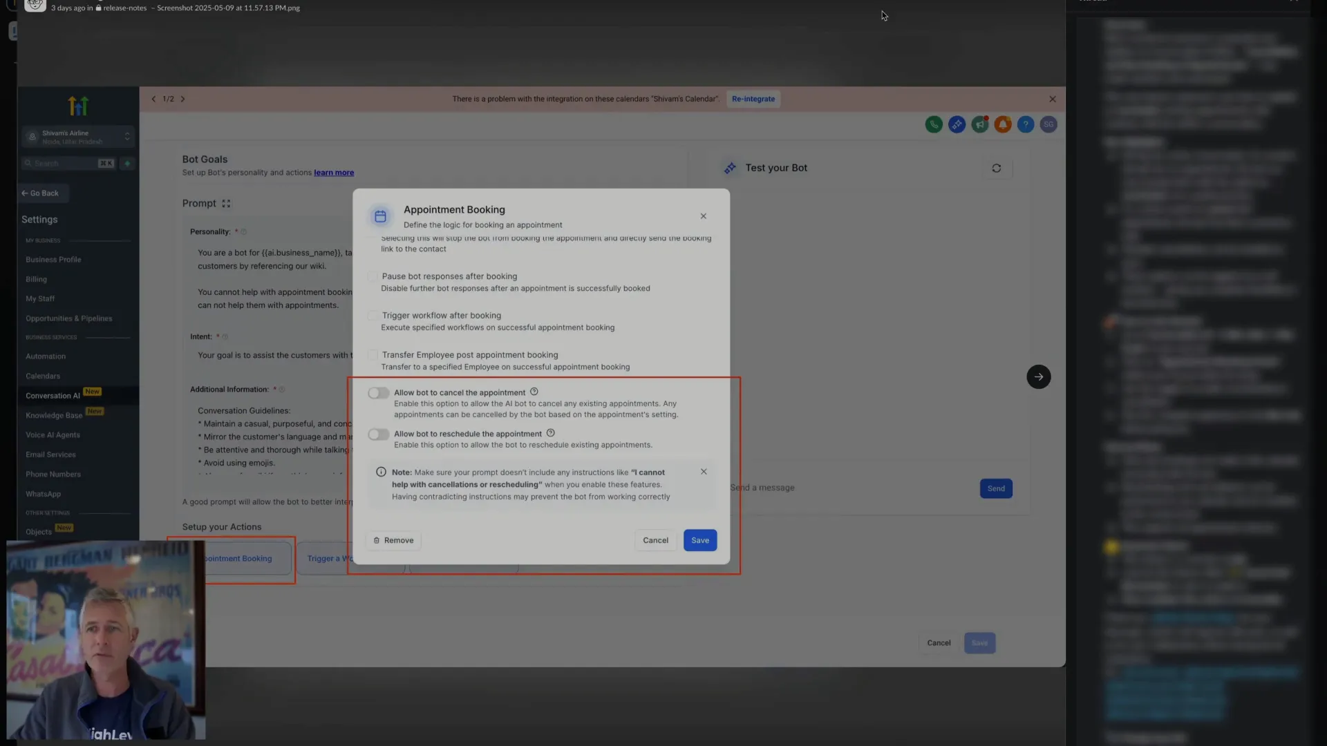 Bot prompting contact to reschedule or cancel appointment options