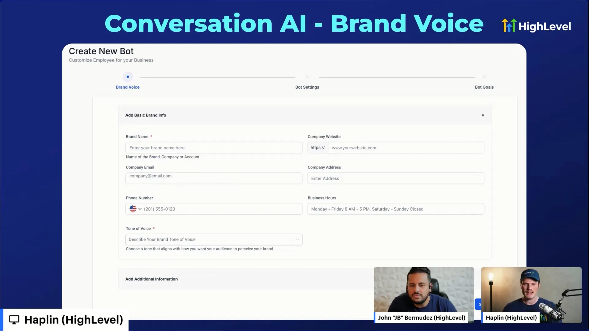 Brand voice setup screen in GFunnel AI chatbot builder