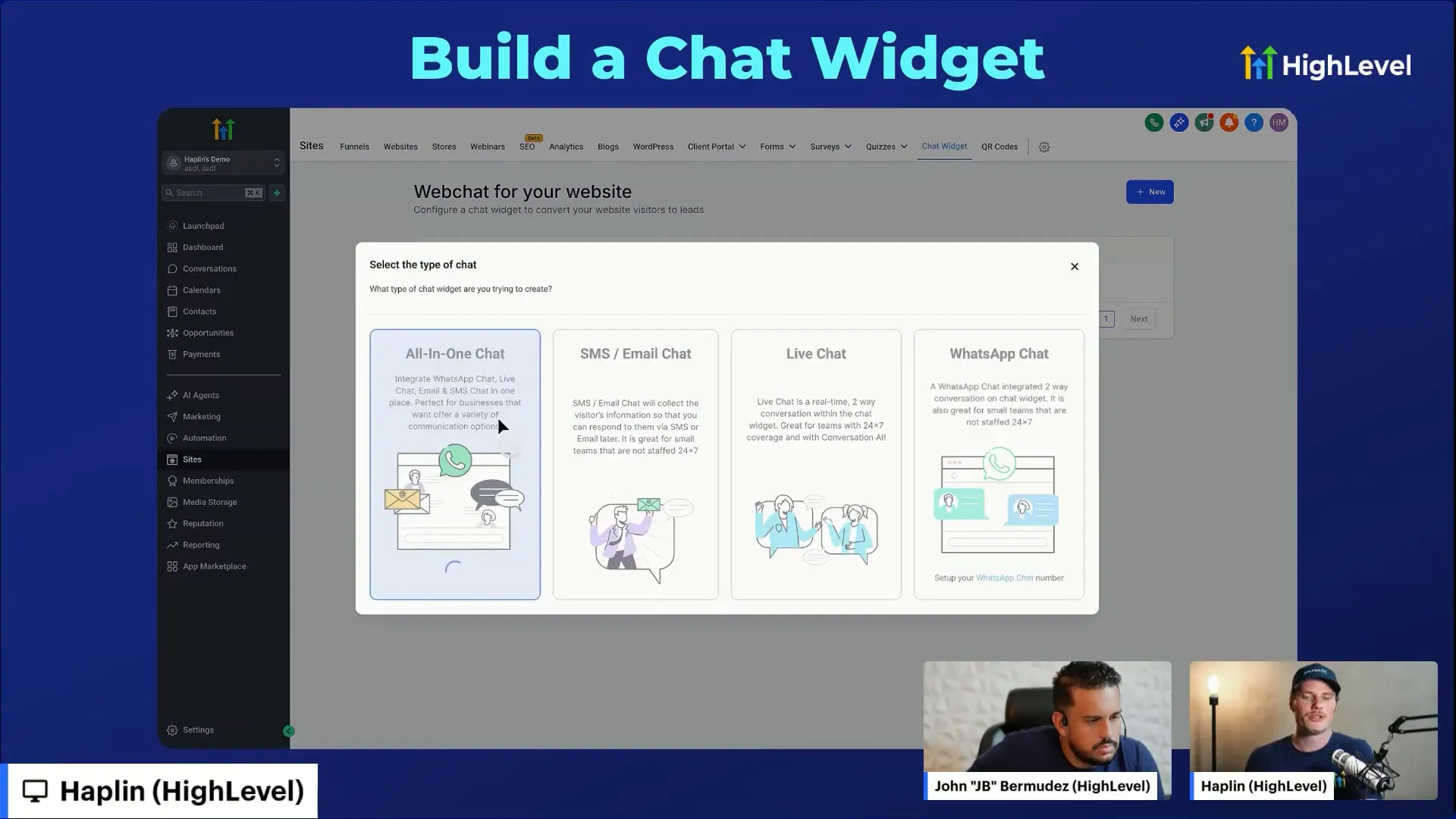 GFunnel AI chat widget interface showing automation options