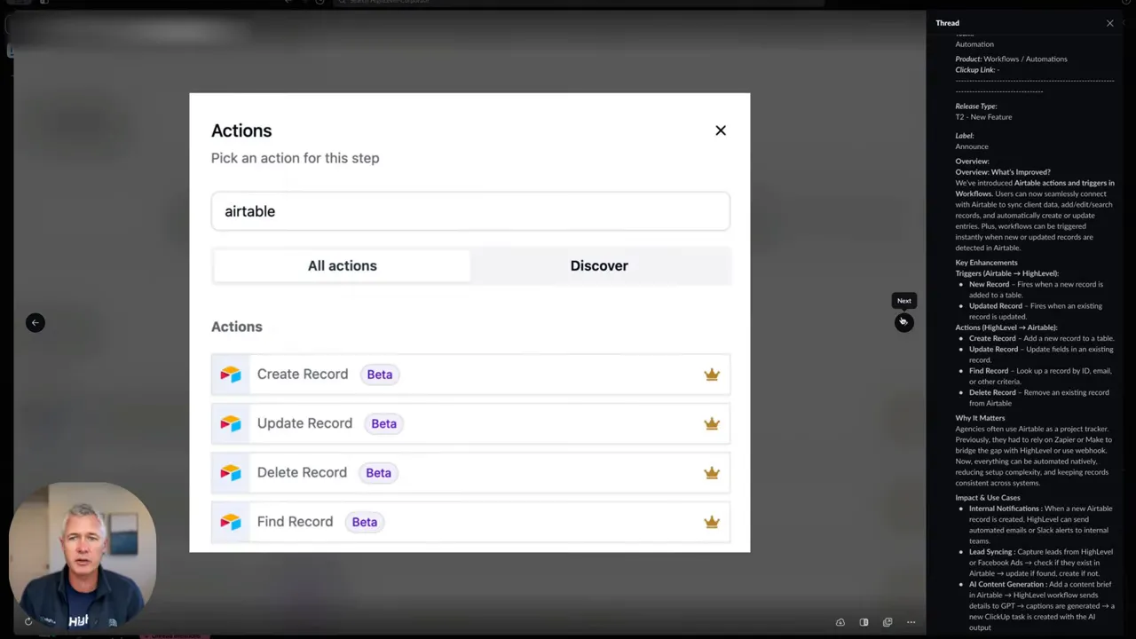 Integration settings showing Airtable actions and triggers in the workflow builder