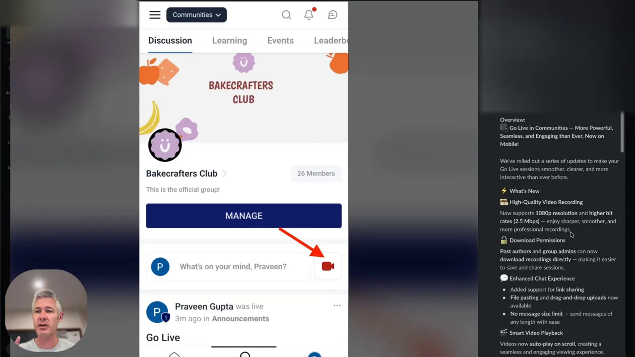 GFunnel mobile community screen with red Go Live camera icon highlighted and right-side feature notes about high-quality recording