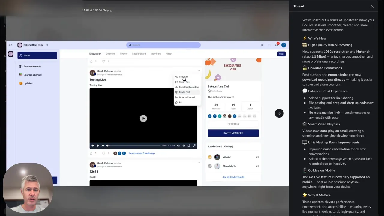 GFunnel desktop community view with video player and post menu highlighting the Download Recording option for repurposing content