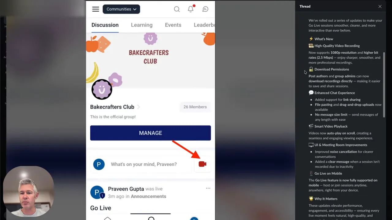 Mobile community screen showing group header and a red camera icon highlighted for Go Live