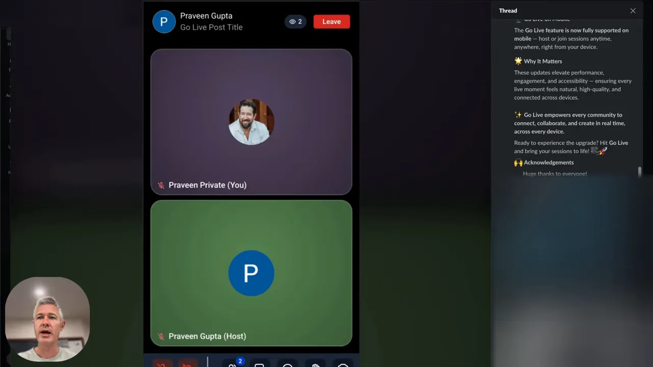 Active GFunnel mobile live session interface with participant tiles, a Leave button and the community thread visible.