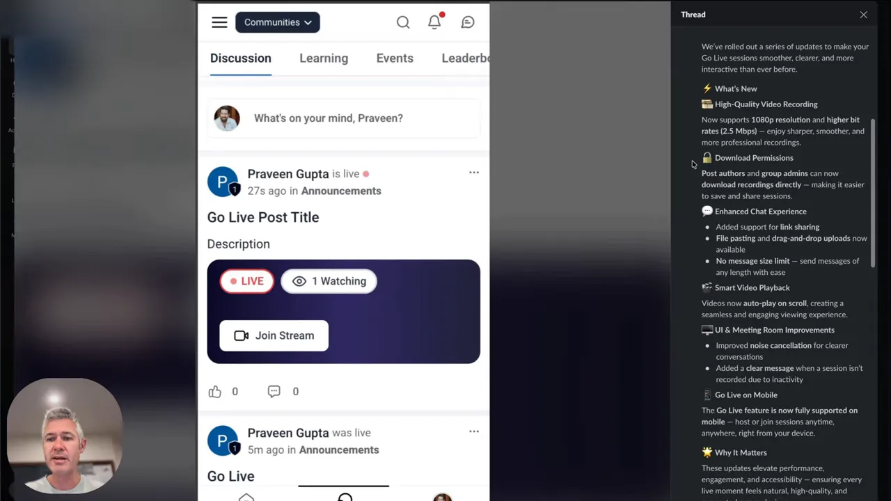 Mobile community feed with a live post card showing a LIVE badge, 