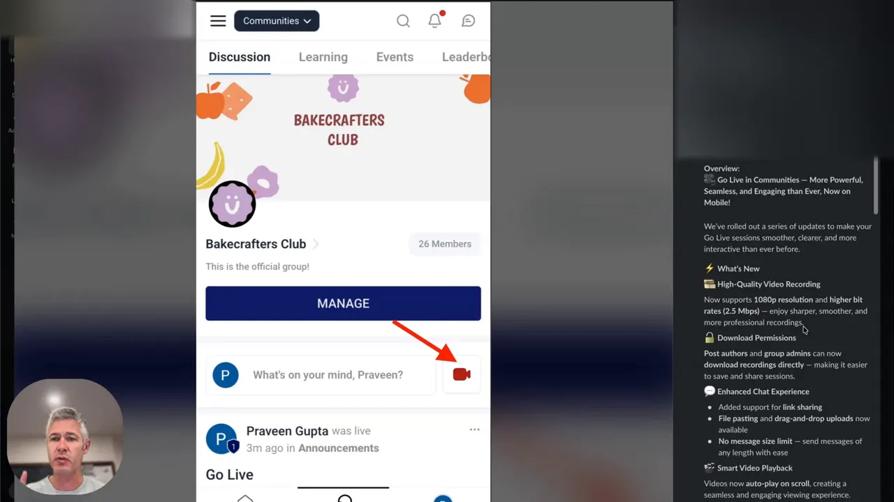 Clear mobile screenshot of a community page with an arrow pointing to the Go Live camera icon and readable right?side release notes