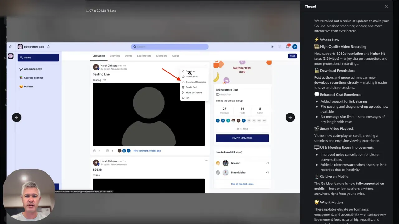 Community post menu with 'Download Recording' option highlighted