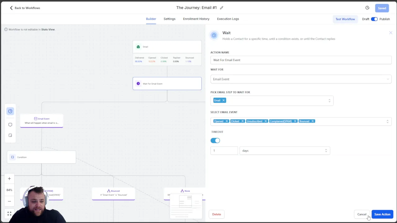 Email workflow showing send, wait, and action steps