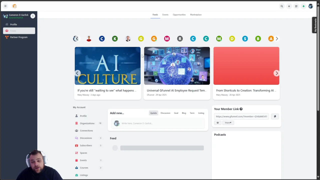 GFunnel dashboard overview with projects and bots