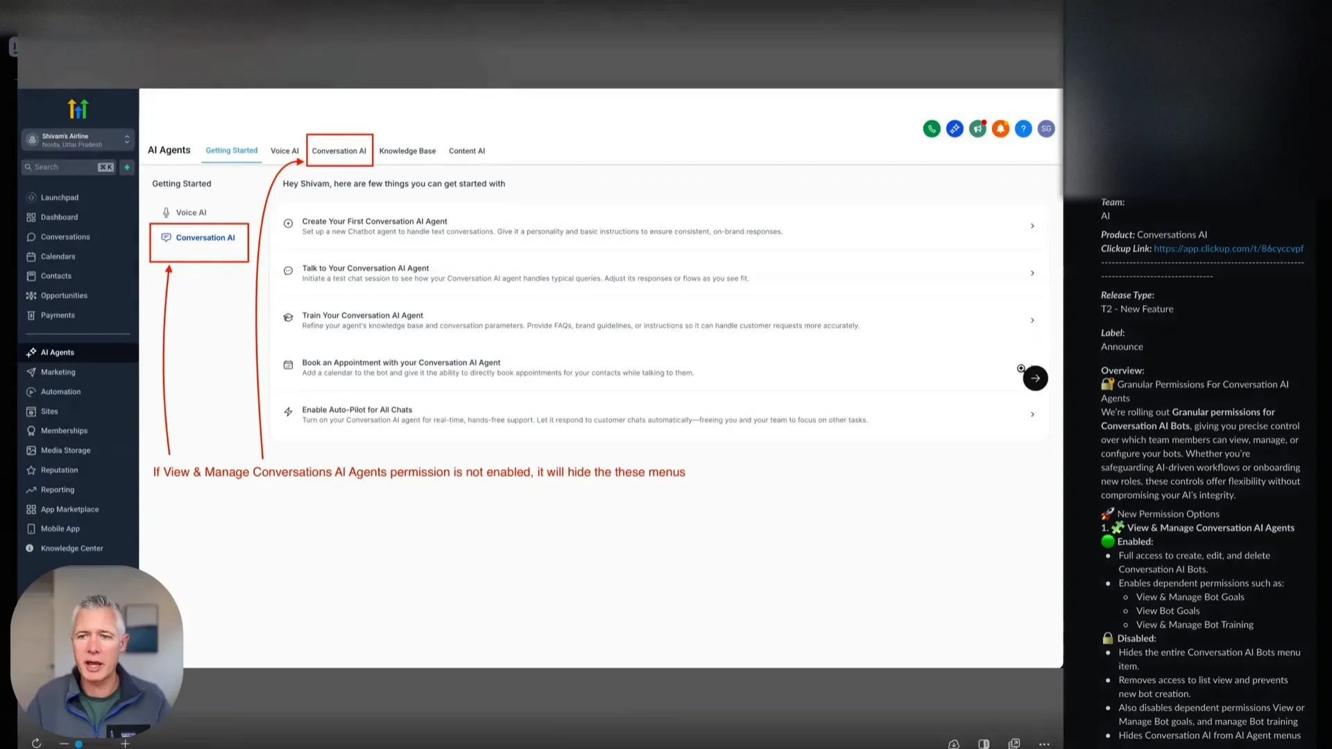Conversation AI permissions overview showing granular control options