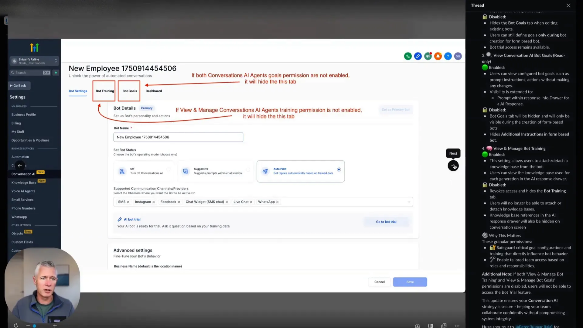 User interface for setting granular permissions in AI Conversation agents