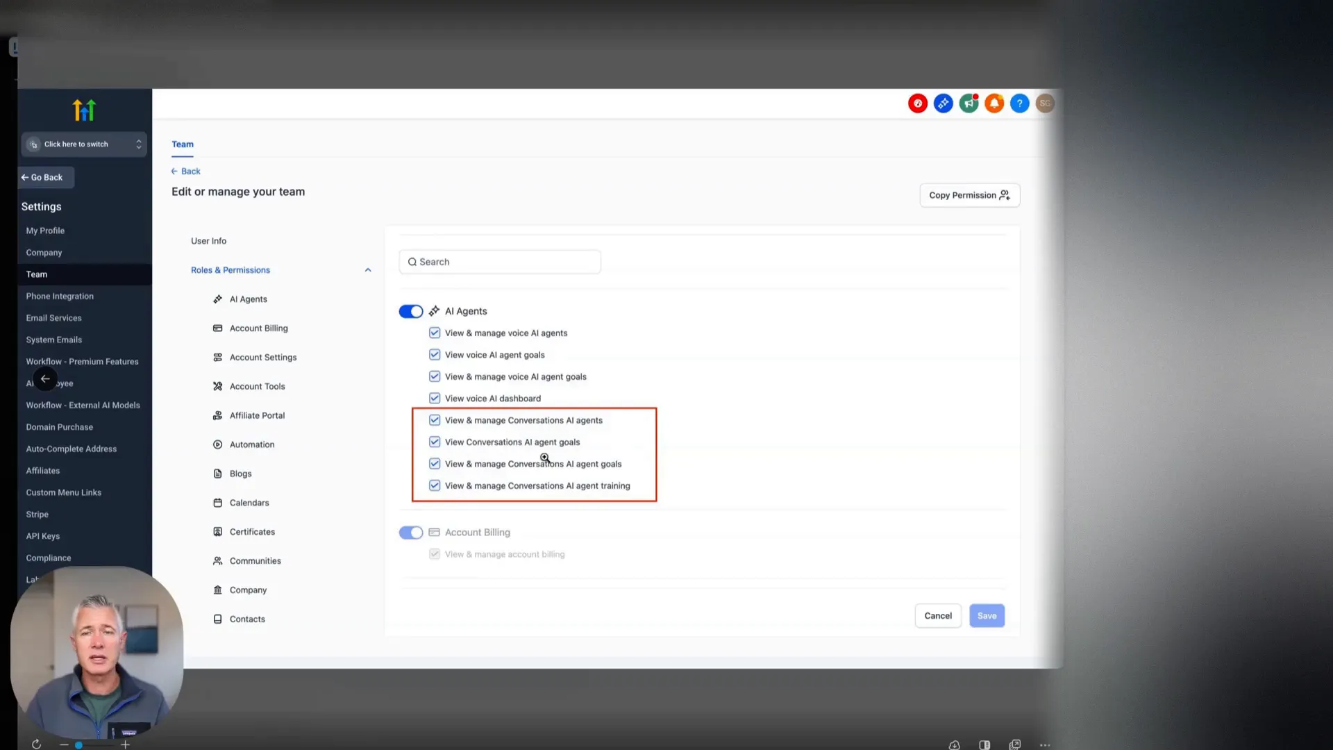 Team permissions setting for AI agents in GFunnel platform