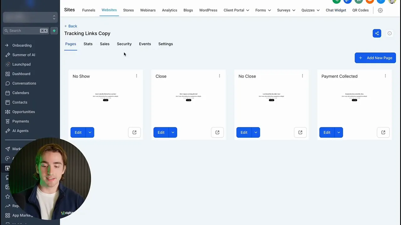GFunnel 'Tracking Links Copy' page showing four tracking pages for call outcomes with edit buttons