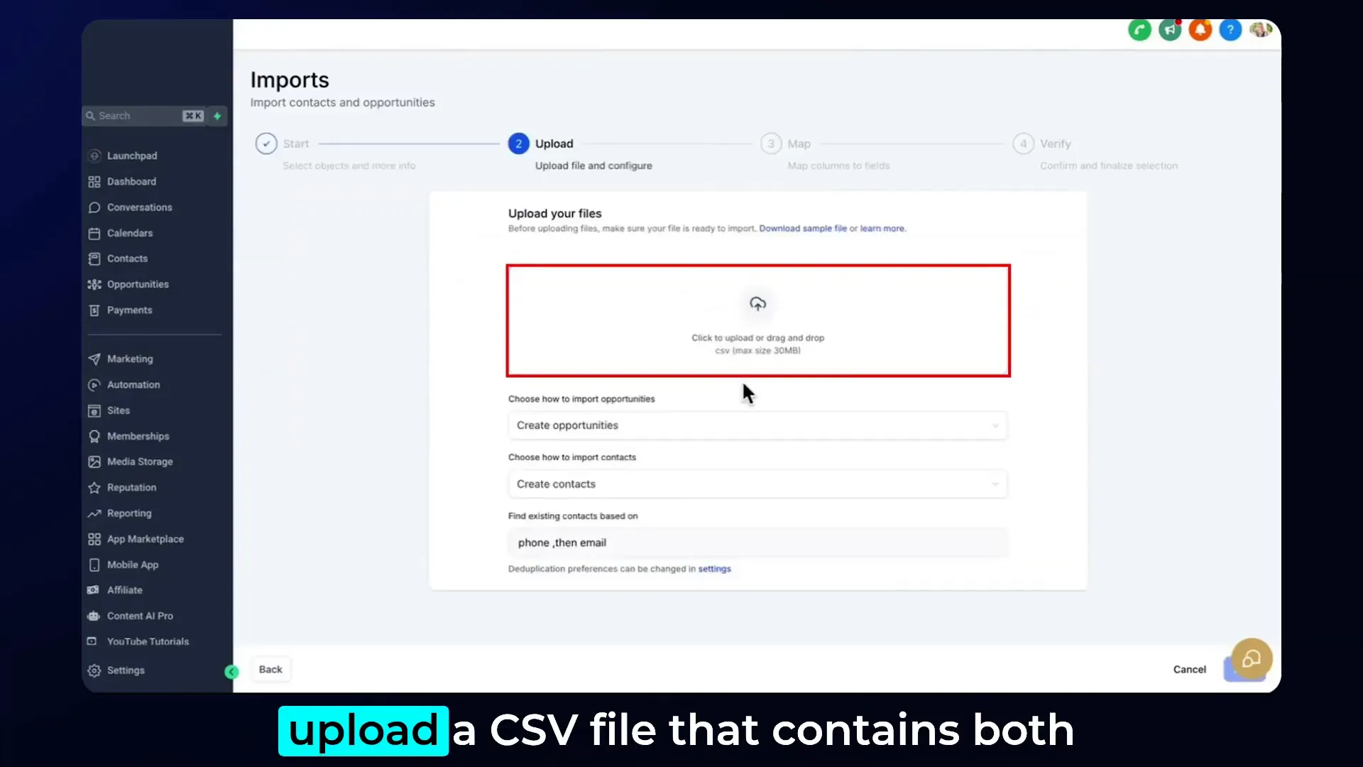 Uploading CSV file for bulk import in Lead Connector with GFunnel