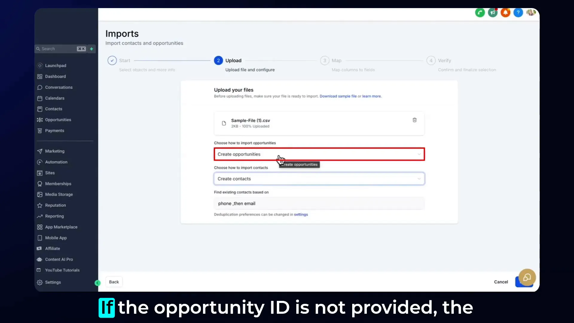 Selecting import options for contacts and opportunities in Lead Connector with GFunnel