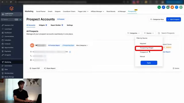 GFunnel dashboard navigation showing Marketing and Prospecting sections