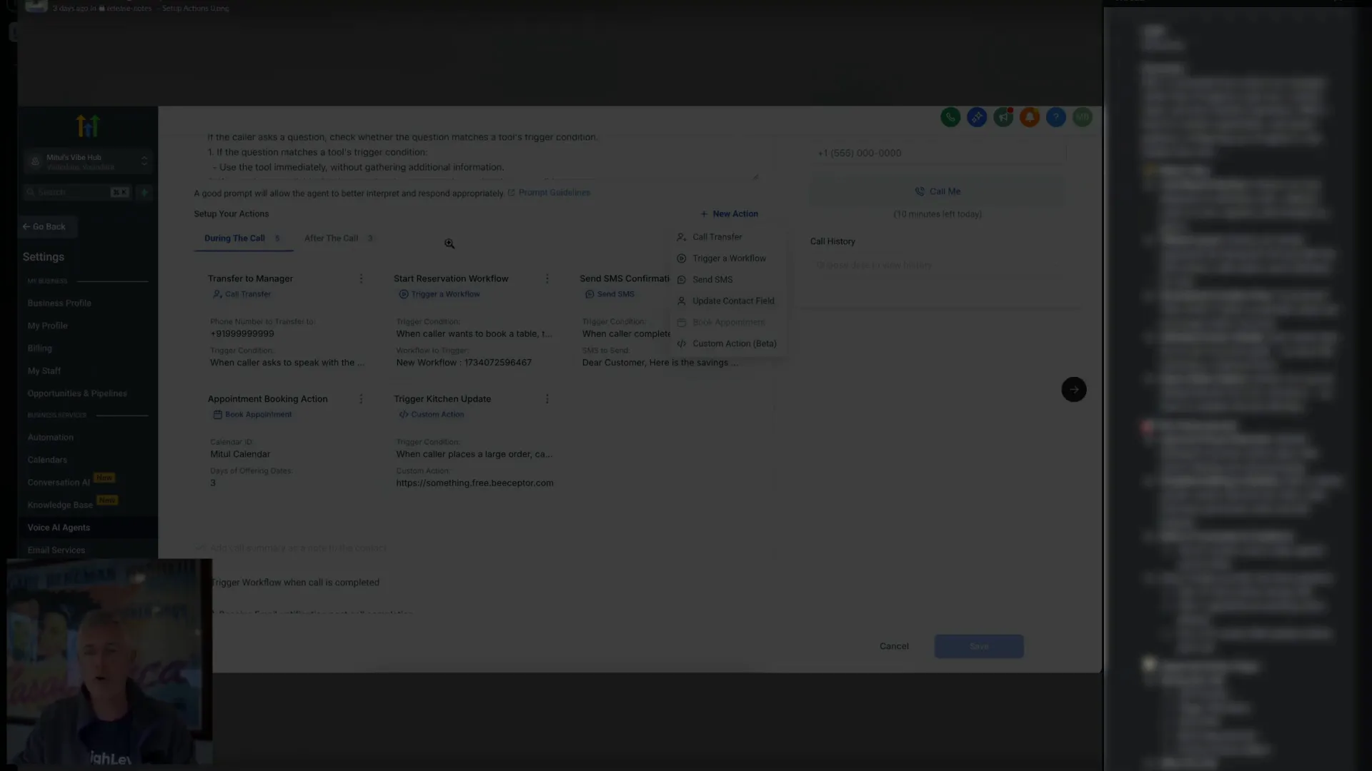 Action options including call transfer, trigger workflow, update contact field