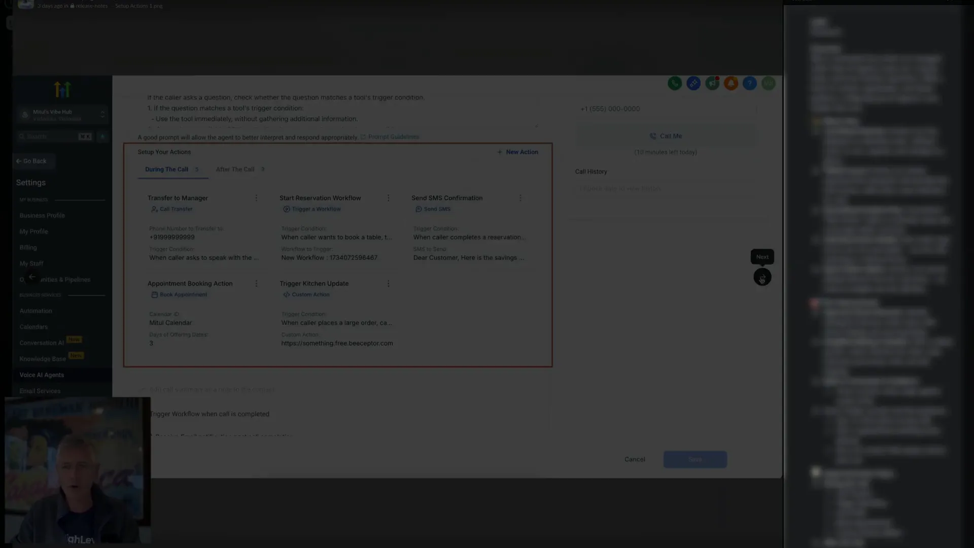 Tabbed layout showing during call and after call actions