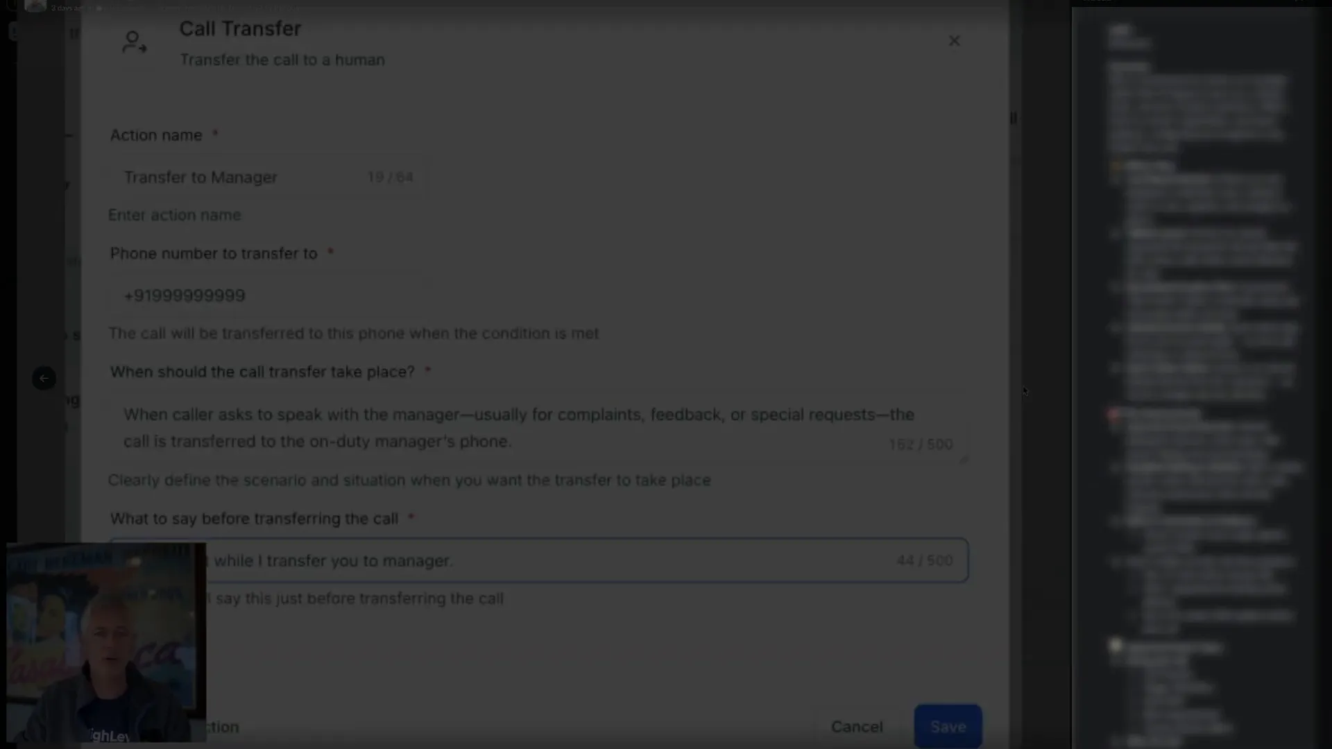 Action modal guiding through setup of during call and post call actions