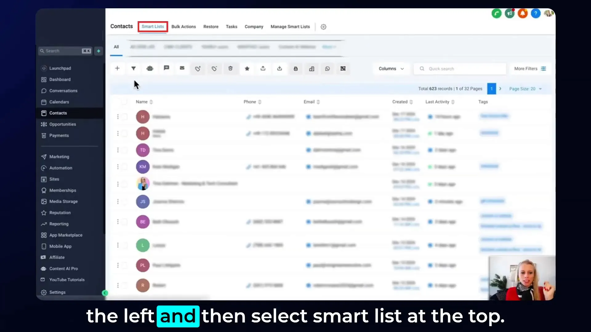 Navigating to contacts and smart list in Lead Connector with GFunnel