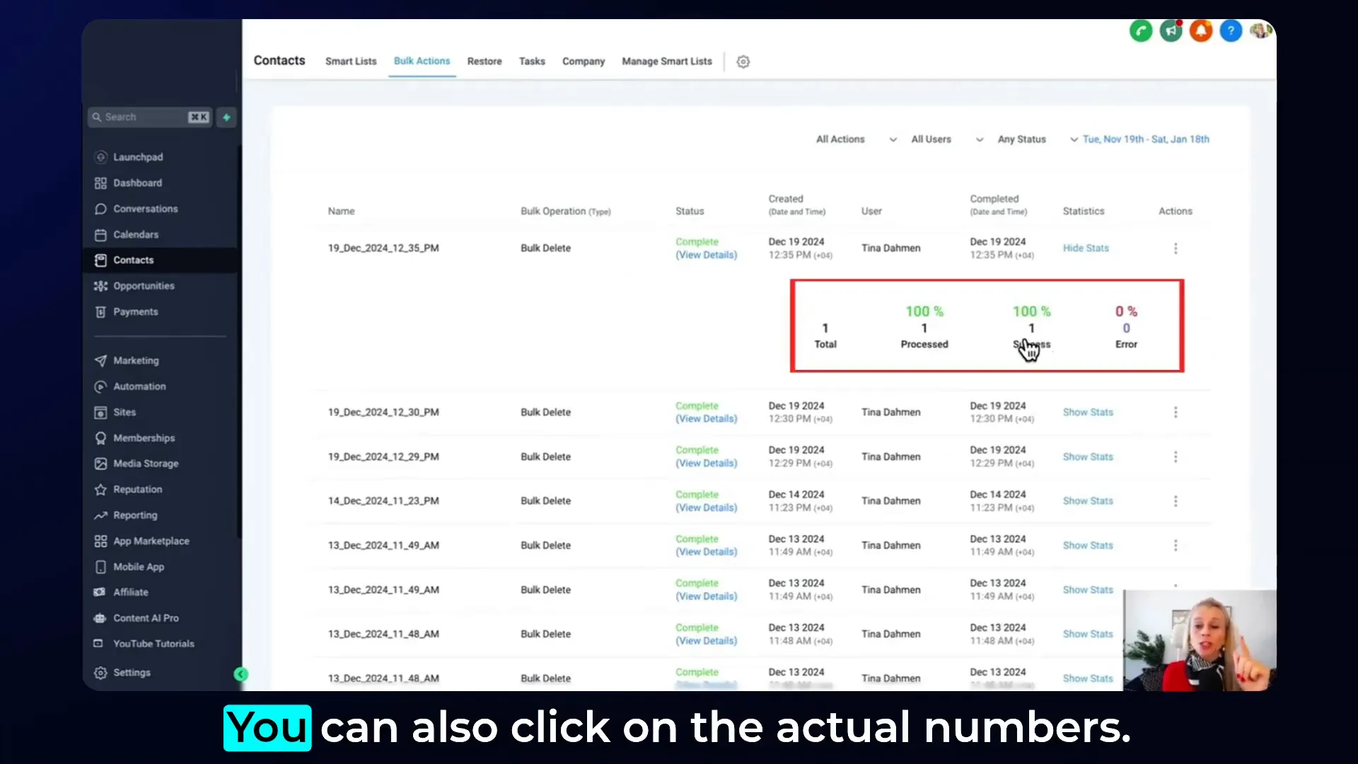 Contact deletion completed status in Lead Connector with GFunnel
