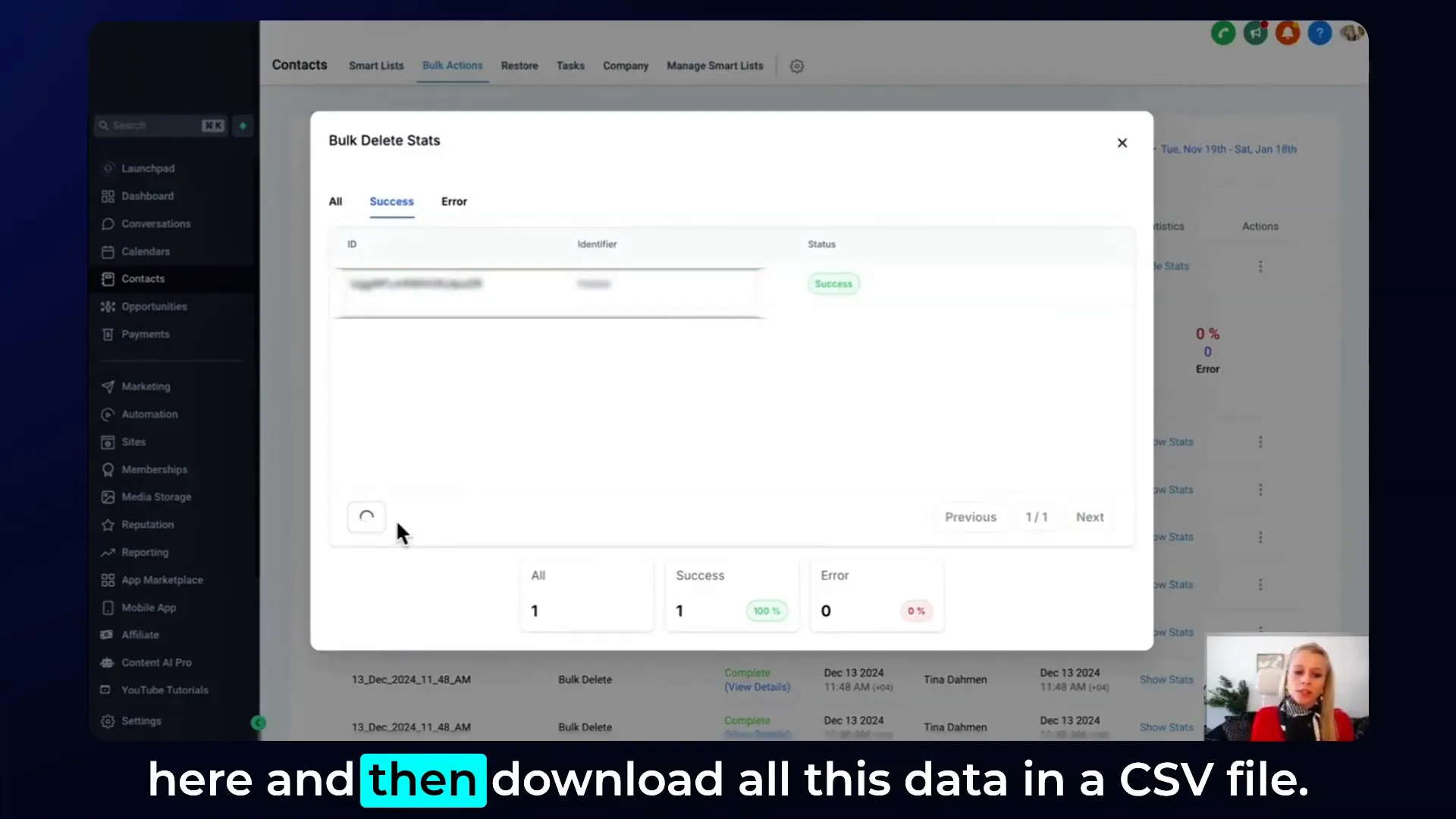 Downloading contact deletion data as CSV file in Lead Connector with GFunnel