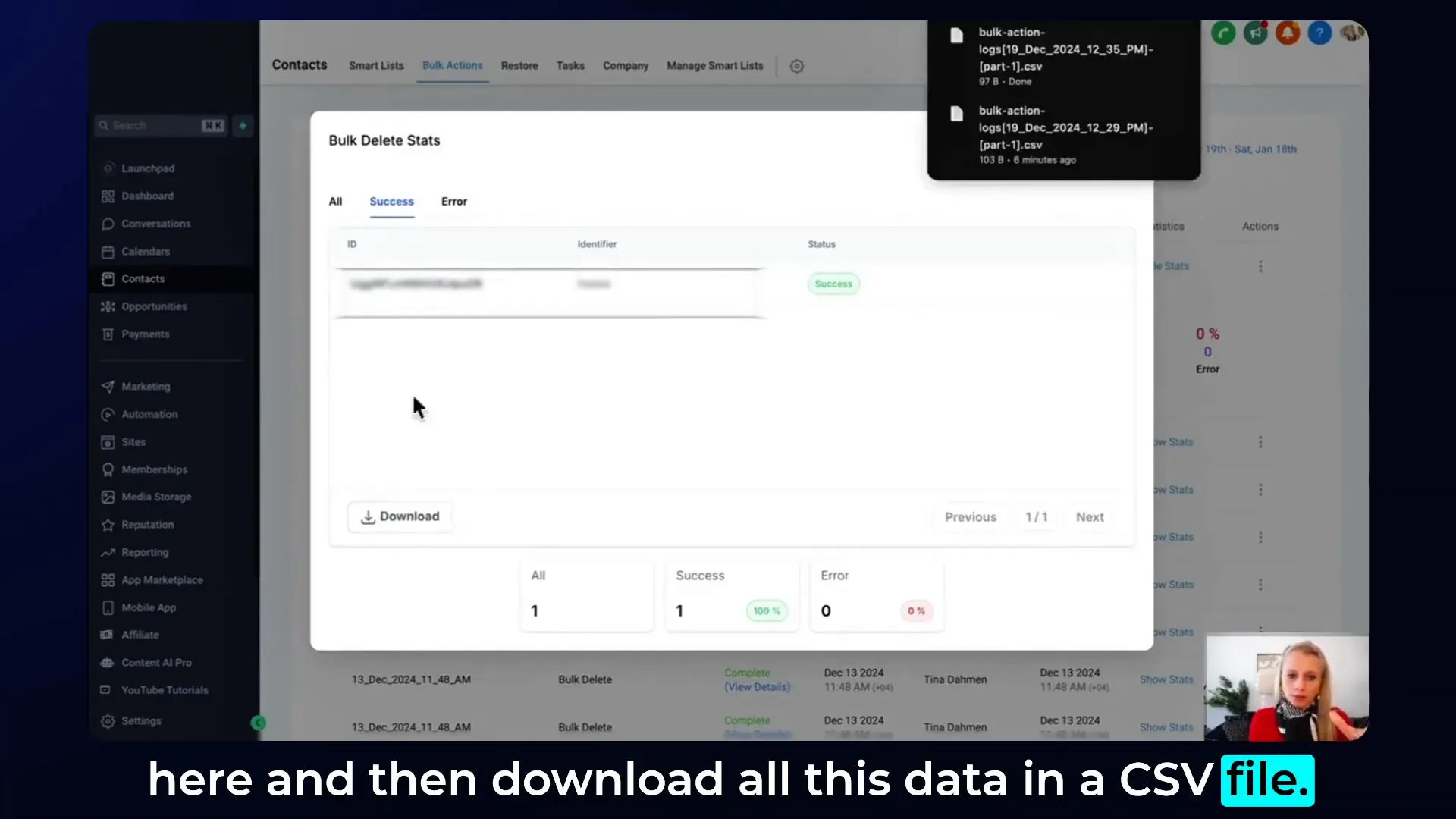 Video insight on bulk contact deletion with Lead Connector and GFunnel