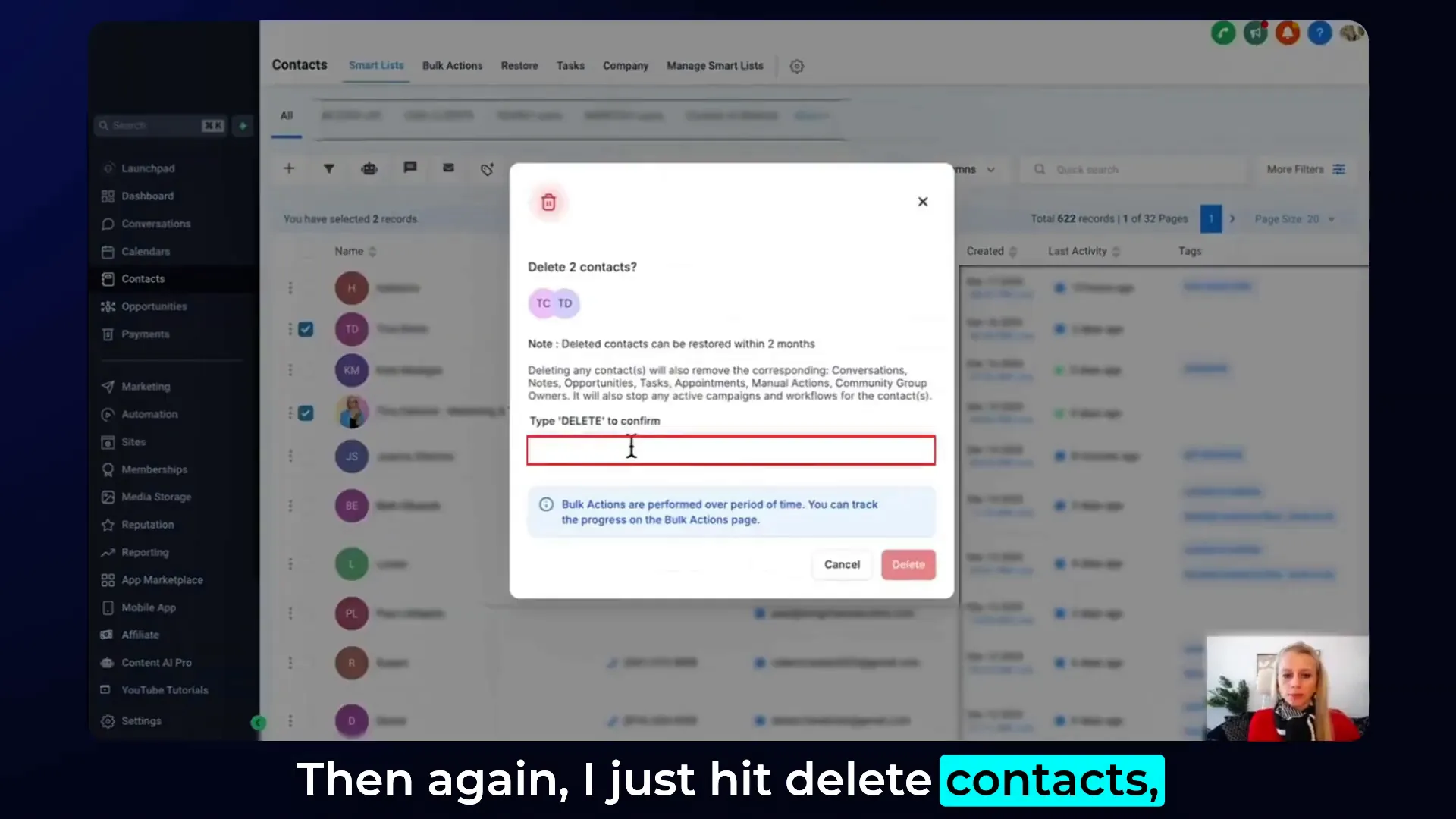 Deleting selected contacts in bulk with GFunnel’s Lead Connector