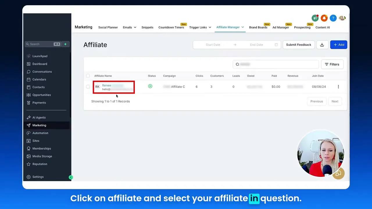 Affiliate Manager menu in dashboard showing Marketing and Affiliate Manager options