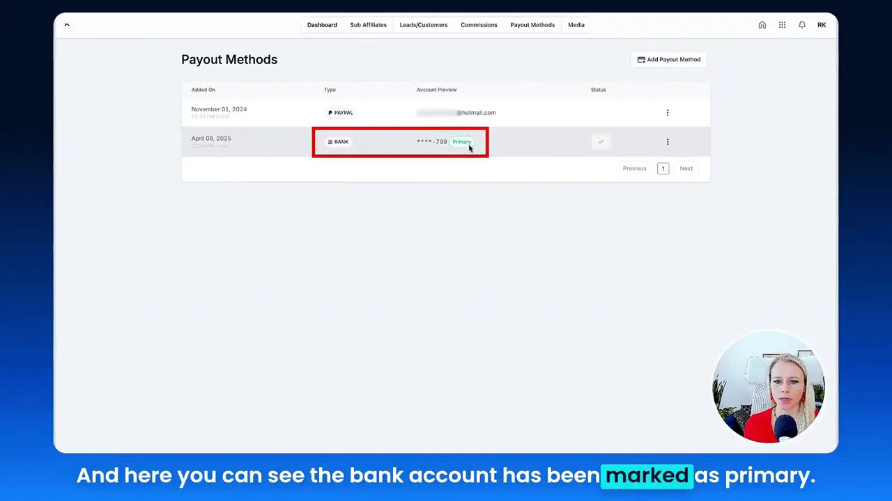 Client portal payout methods with bank account visible and three dots menu shown