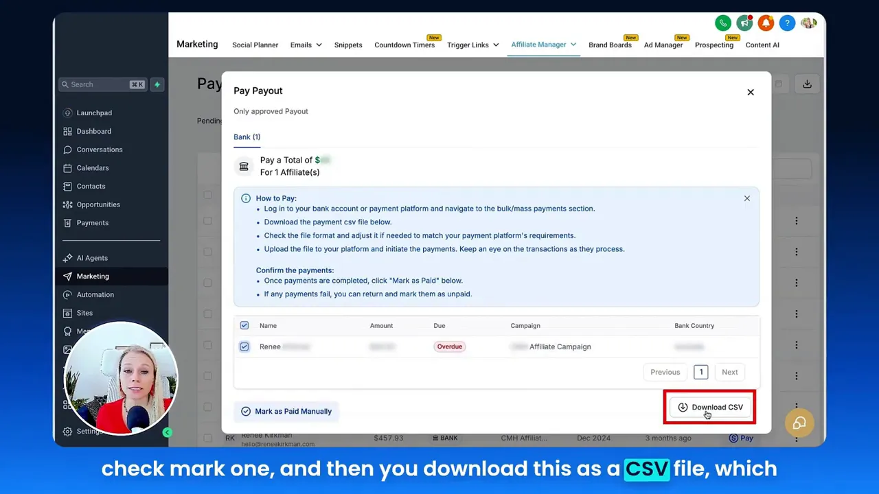 Payout list showing pending payments with checkboxes to select payments for CSV export