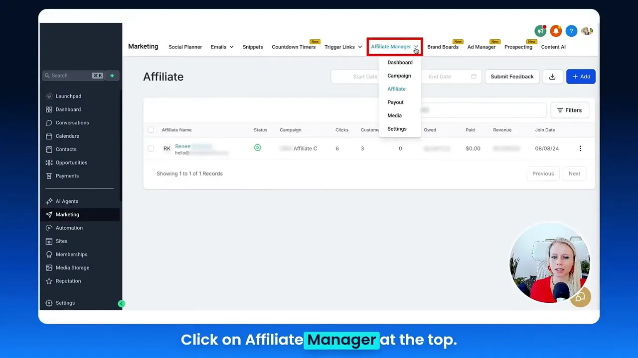Marketing section selected in the navigation menu, Affiliate Manager highlighted