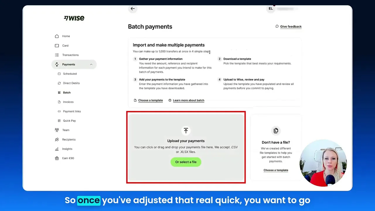 Bank upload area showing file drag-and-drop interface for bulk transfers