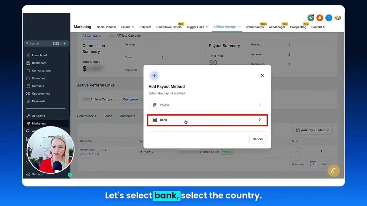 Add payout method menu with 'Bank' option selected