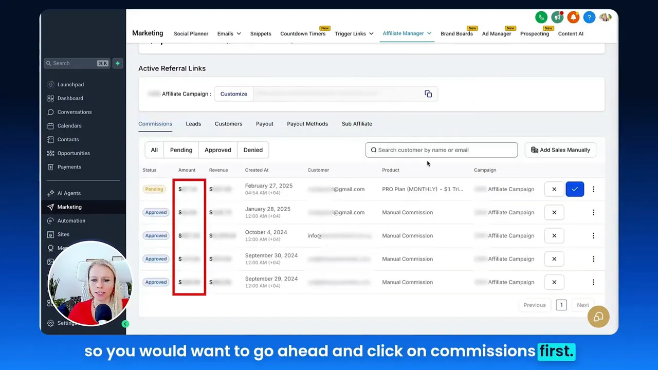 Affiliate commissions screen showing pending approvals