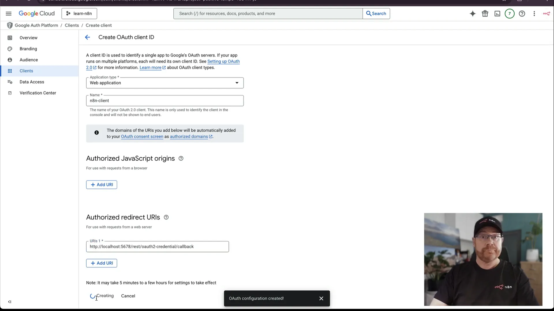 Adding redirect URI in Google Cloud Console