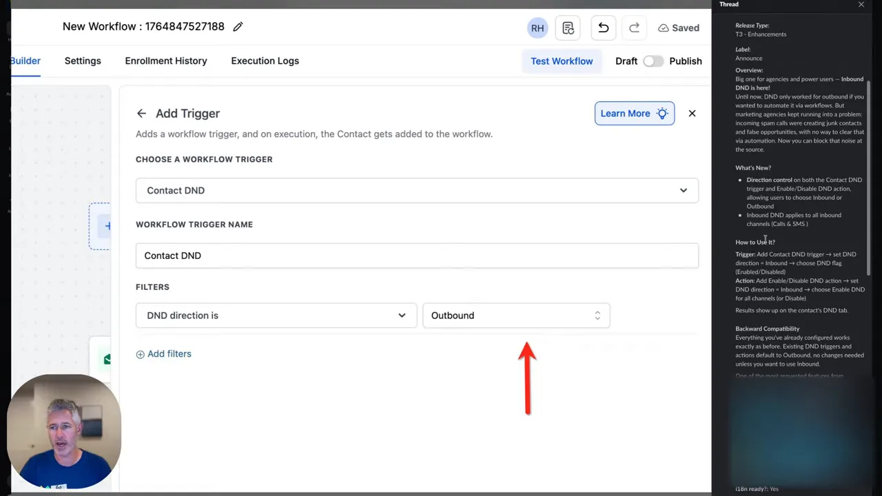 Clear screenshot of GFunnel Add Trigger UI: Contact DND selected, 'DND direction is' dropdown set to Outbound with a red arrow pointing to it; presenter circle in lower-left.
