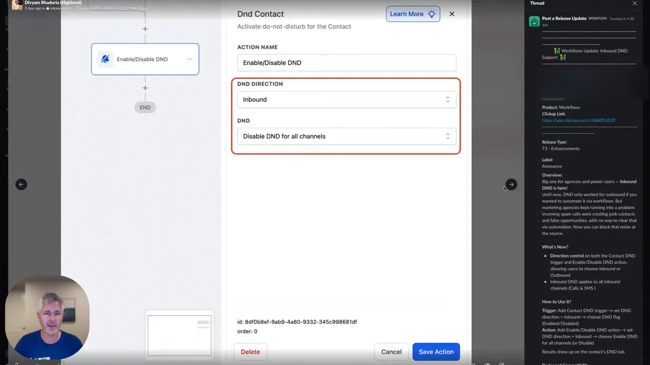 GFunnel Enable/Disable DND action panel showing DND direction set to Inbound and DND option set to disable DND for all channels