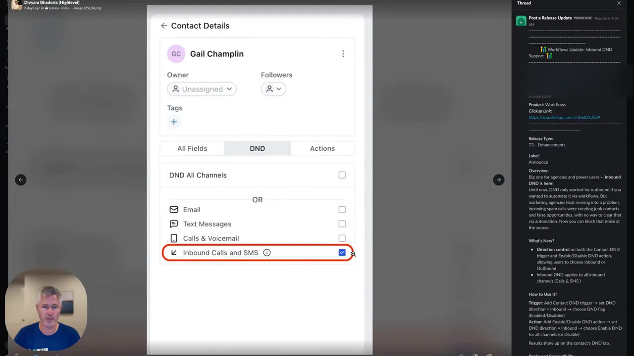 Contact DND settings with the 'Inbound Calls and SMS' checkbox selected, illustrating inbound suppression for calls and texts.