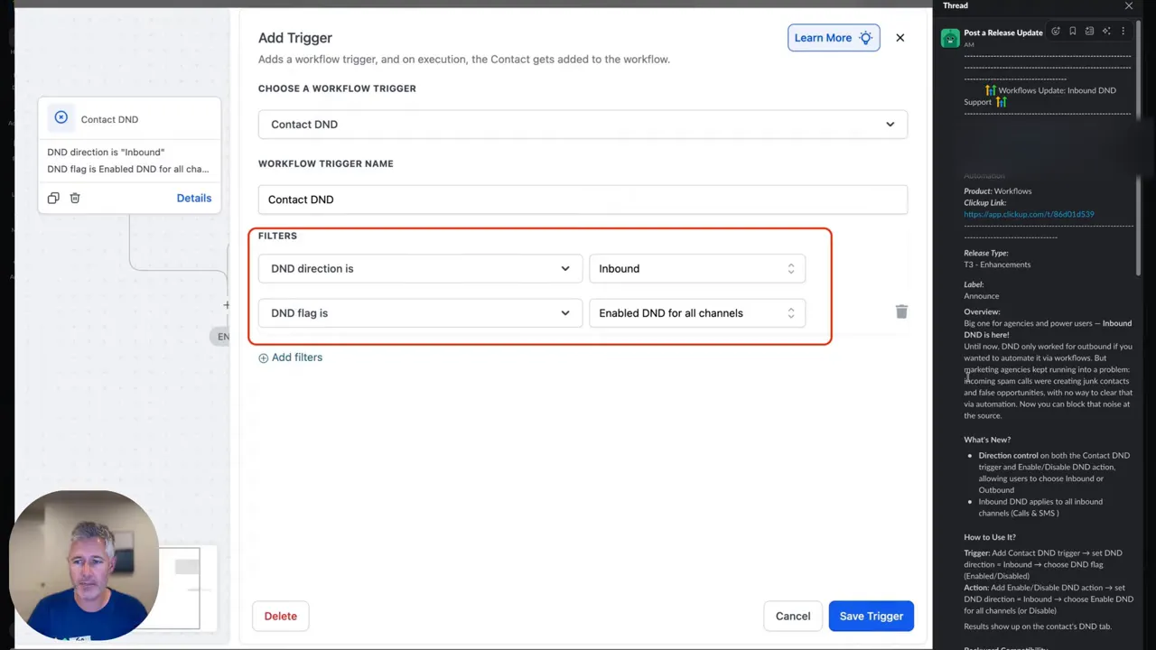 Clear GFunnel 'Add Trigger' screenshot focusing on Contact DND filters — DND direction set to Inbound and DND flag enabled for all channels.