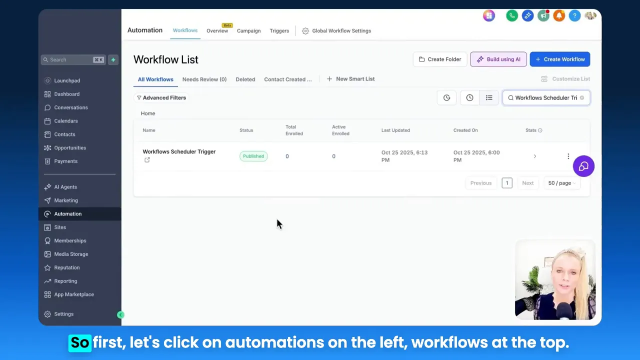 Navigating to automations, workflows section in the platform