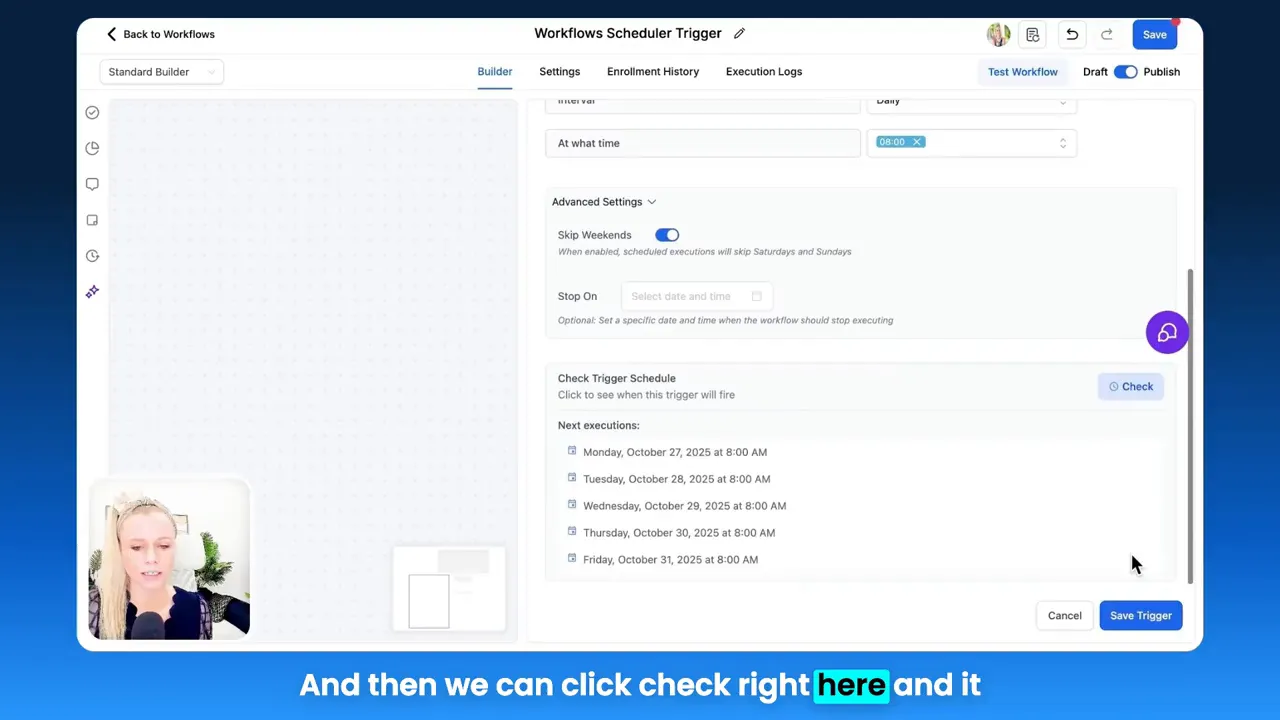 Calendar pop-up to select a stop date for the scheduled trigger