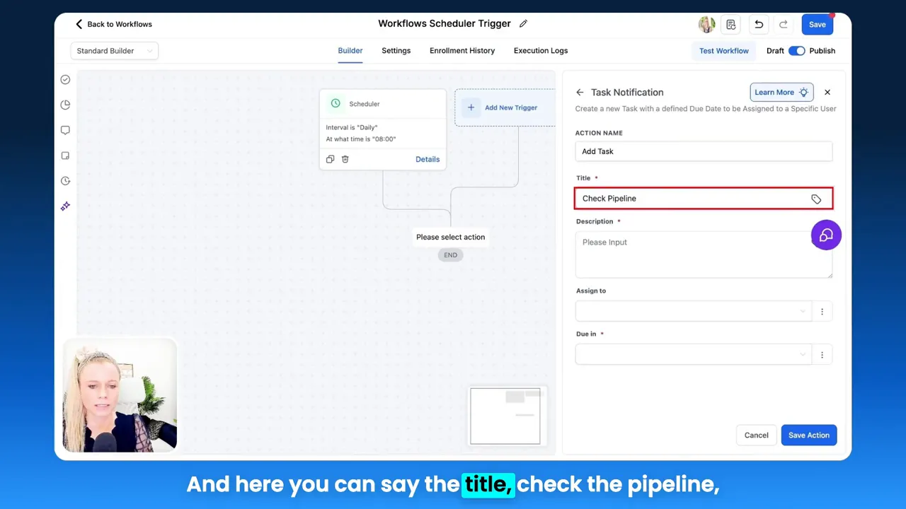 Adding a task action to the workflow to assign to a user