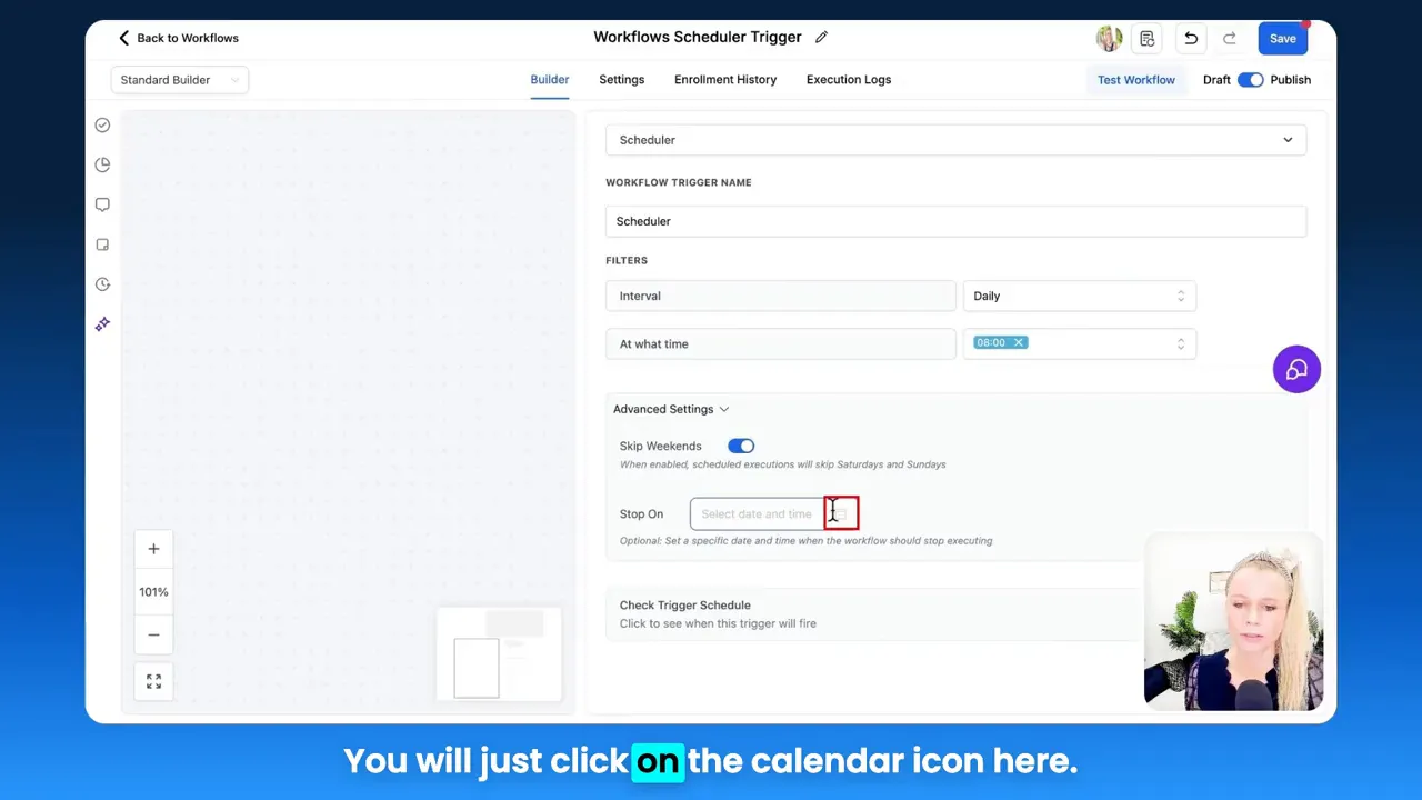 Advanced settings including skip weekends and stop date for triggers